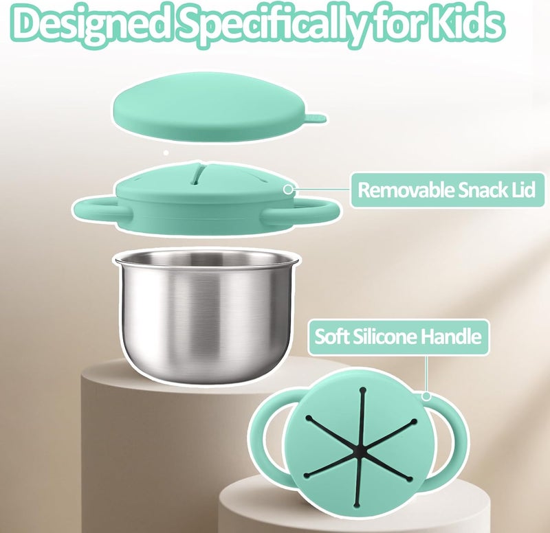 BUSOHA Stainless Steel Toddler Snack Cups - 9 OZ Spill-Proof Baby Snack Containers with Silicone Catcher and Lid Travel Snack Containers for Kids Food Grade Silicone Dishwasher Safe,Green - Image 3